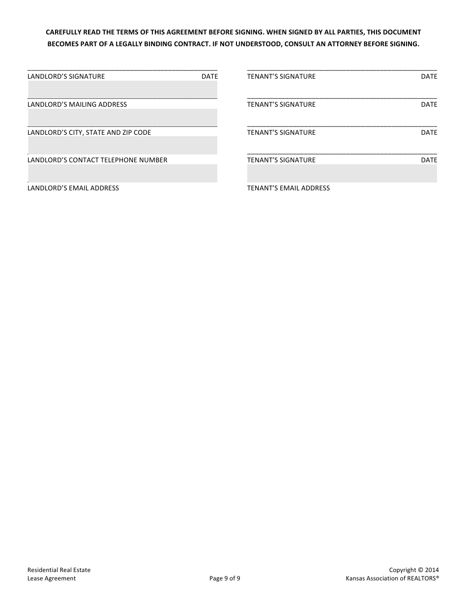 Kansas Residential Real Estate Lease Agreement Form Kansas