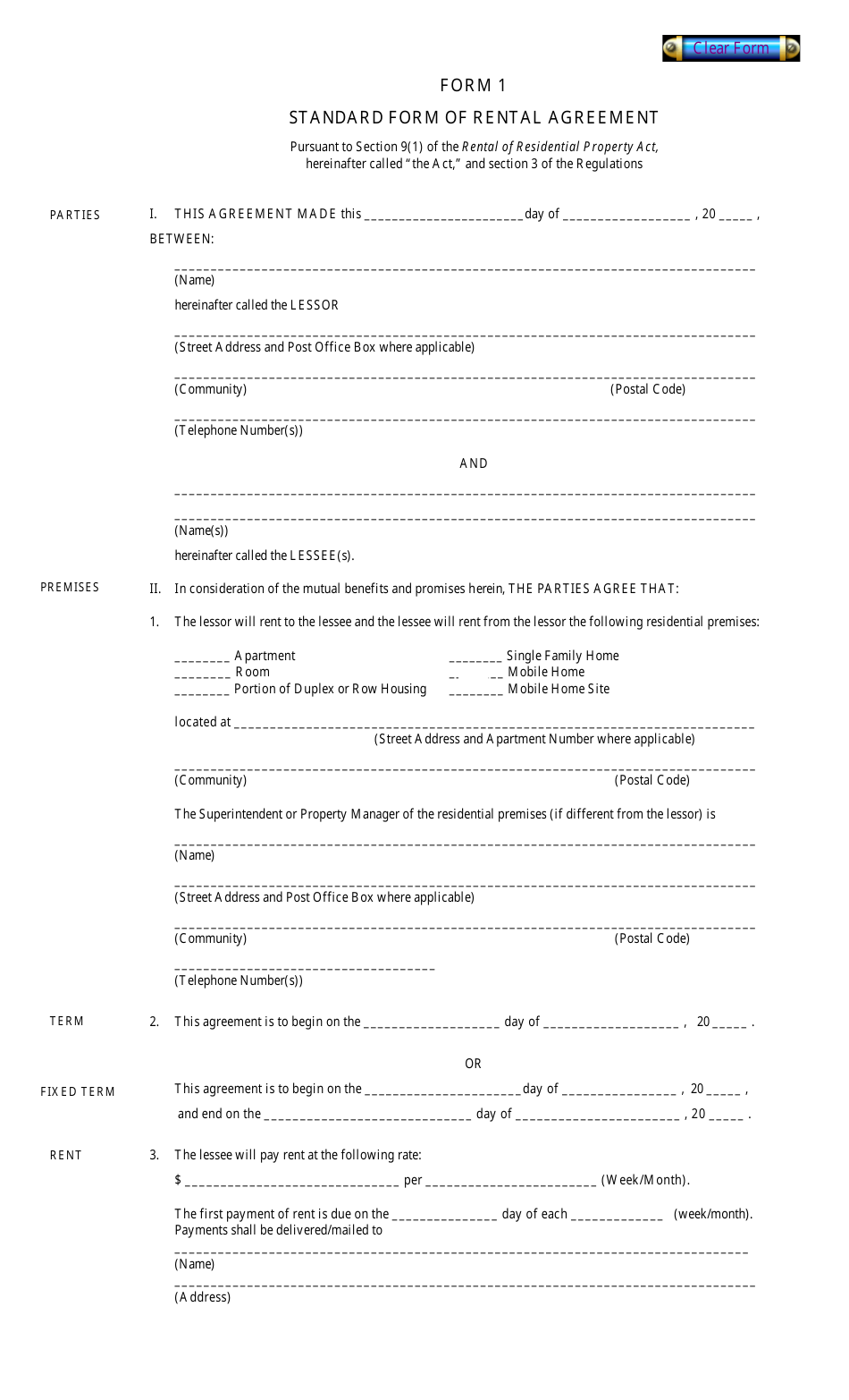 Standard Form of Rental Agreement, Page 1