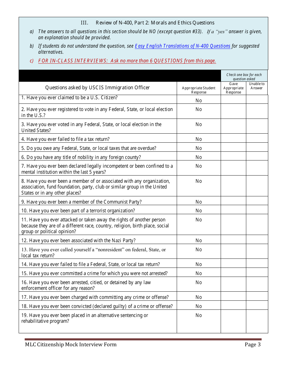 Citizenship Mock Interview Form - Minnesota Literacy Council, Page 3