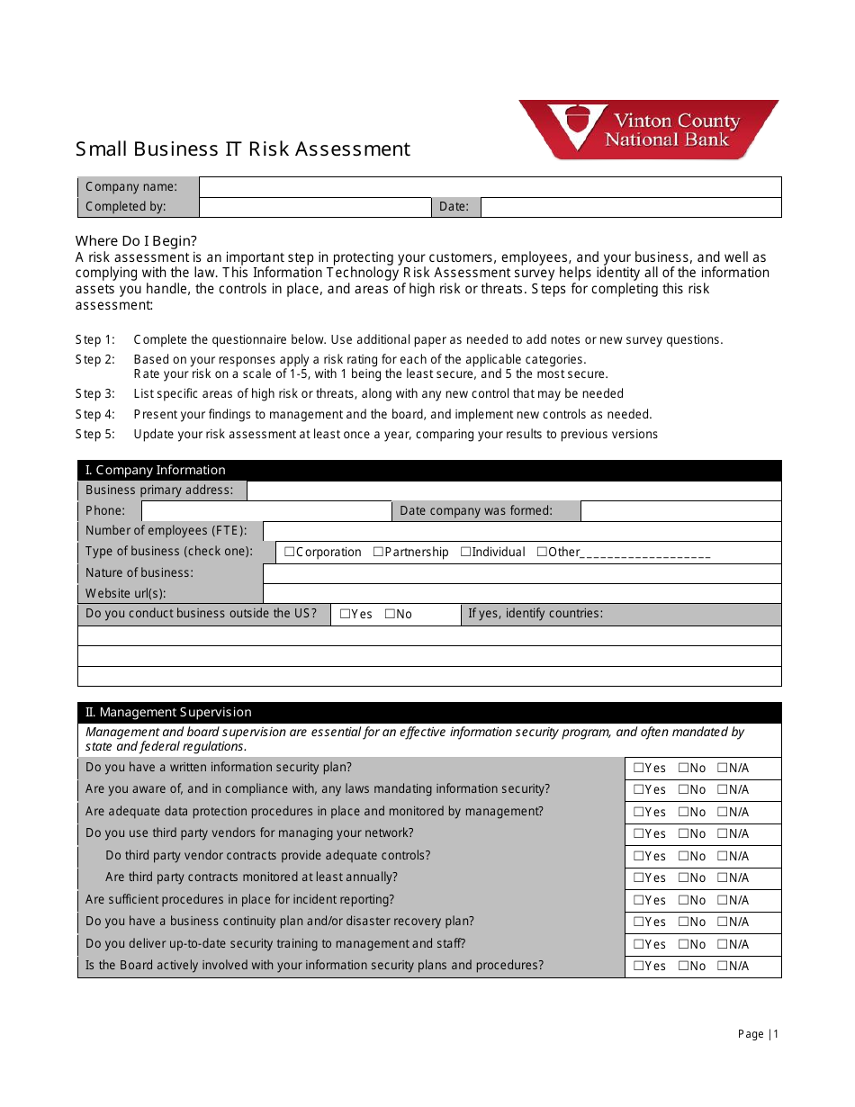 Small Business It Risk Assessment Form - Vinton County National Bank, Page 1