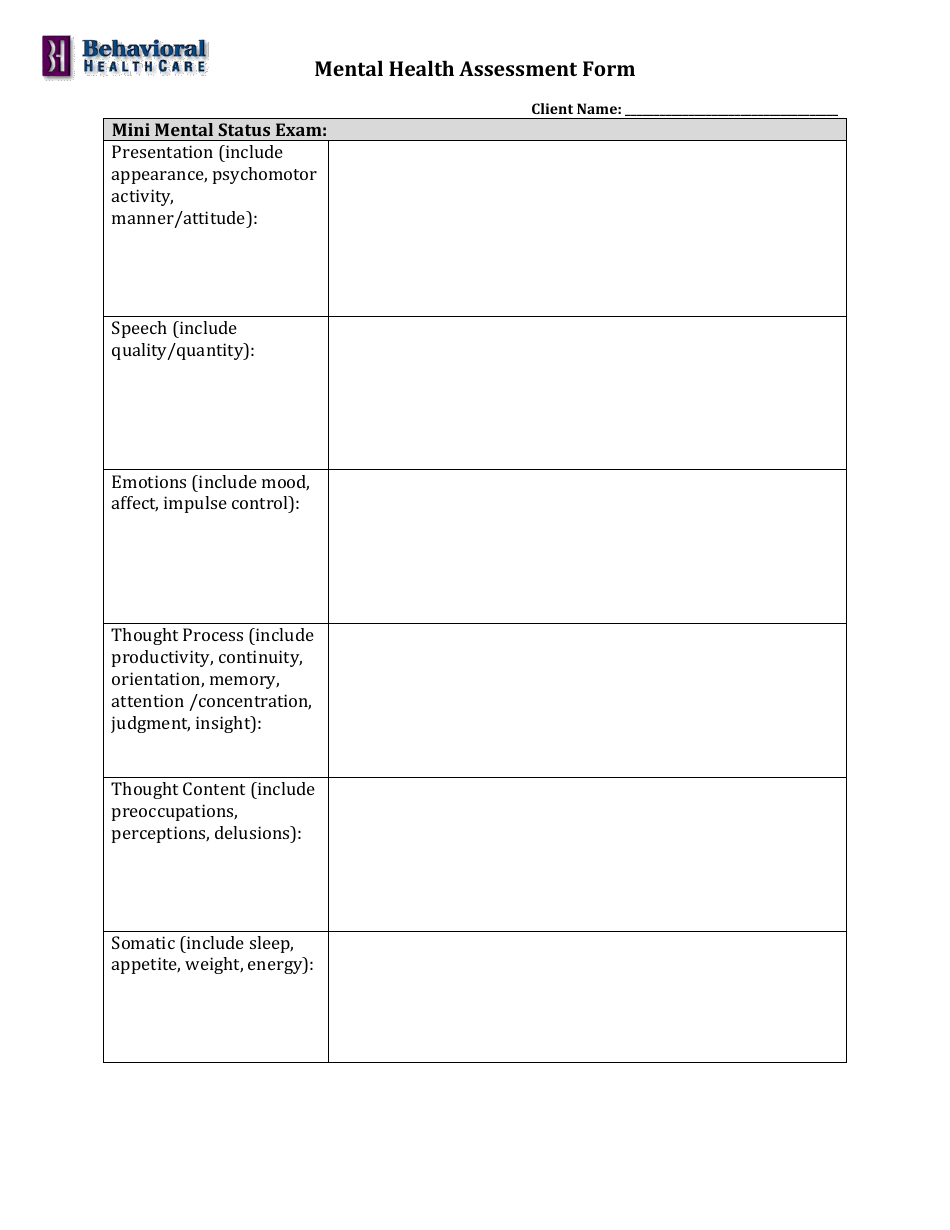 Mental Health Assessment Form - Behavioral Healthcare - Fill Out, Sign ...