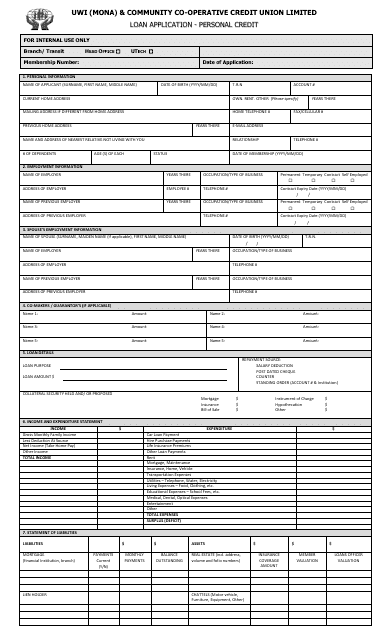 &quot;Personal Credit Loan Application Form - Uwi (Mona) &amp; Community Co-operative Credit Union Limited&quot; Download Pdf