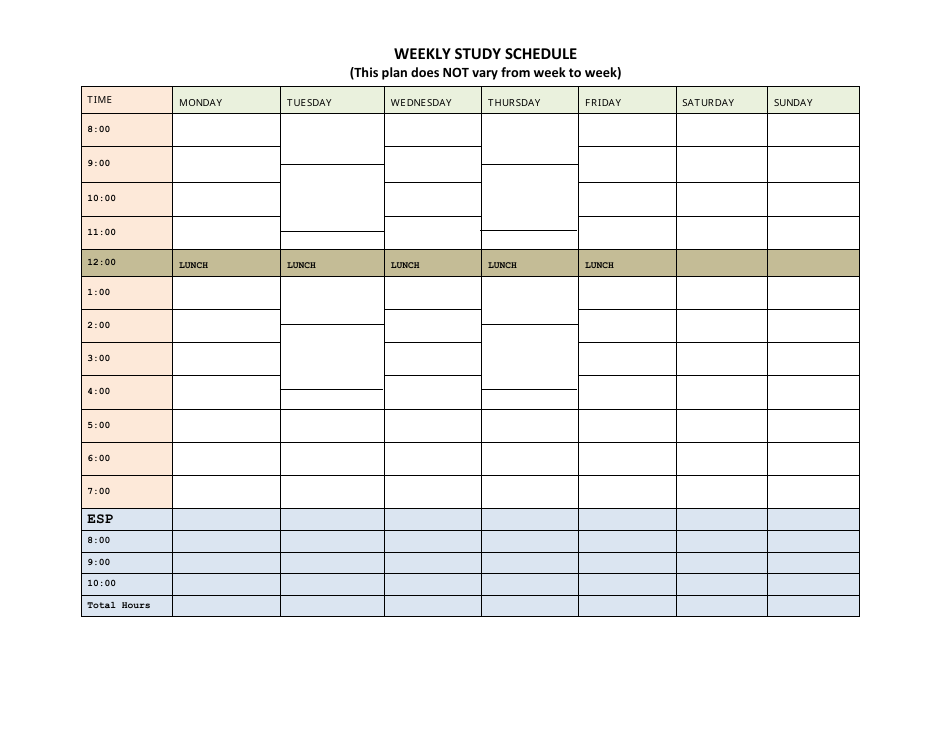 weekly study schedule template download printable pdf