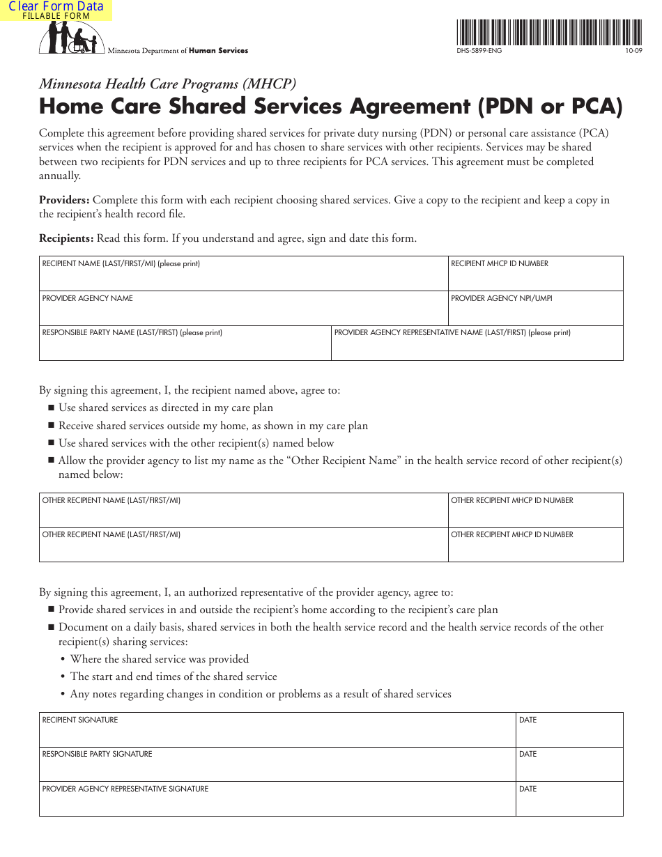 Form DHS-5899-ENG Home Care Shared Services Agreement (Pdn or Pca) - Minnesota, Page 1