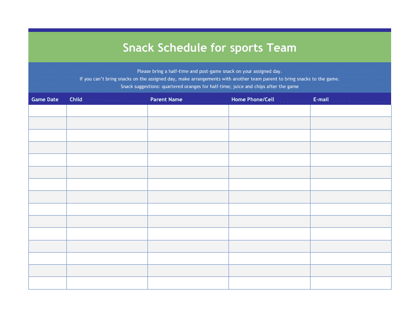 Snack Schedule for Sports Team document preview image