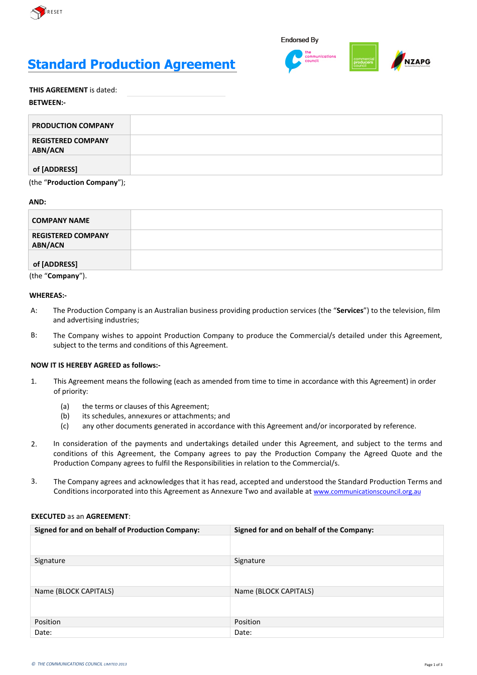 Standard Production Agreement Template - the Communications Council - Australia, Page 1