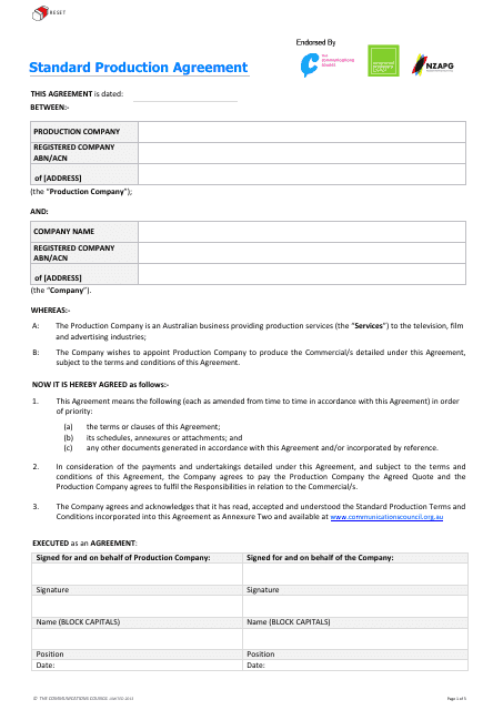 Standard Production Agreement Template - the Communications Council - Australia Download Pdf