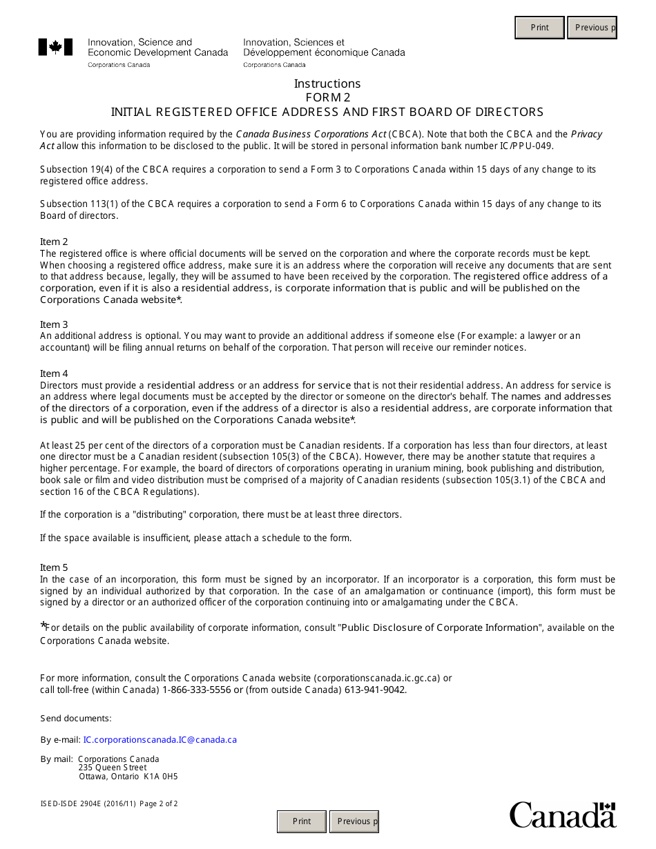 Form 2 (ISED-ISDE2904) Initial Registered Office Address and First Board of Directors - Canada, Page 2