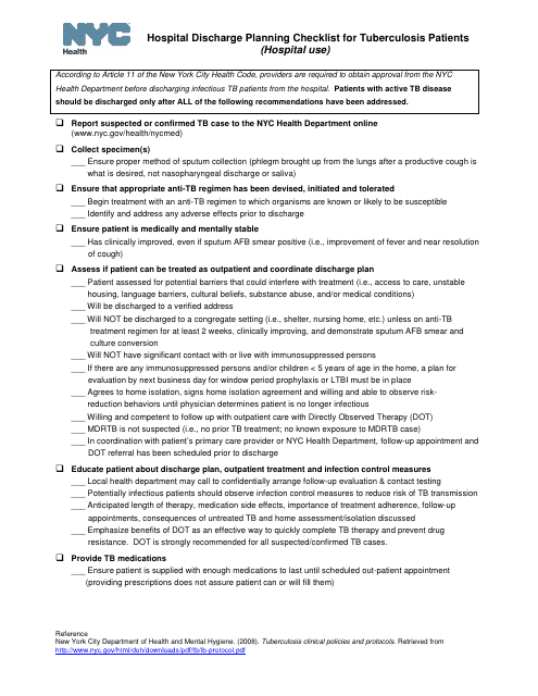 Hospital Discharge Planning Checklist for Tuberculosis Patients (Hospital Use) - New York City Download Pdf