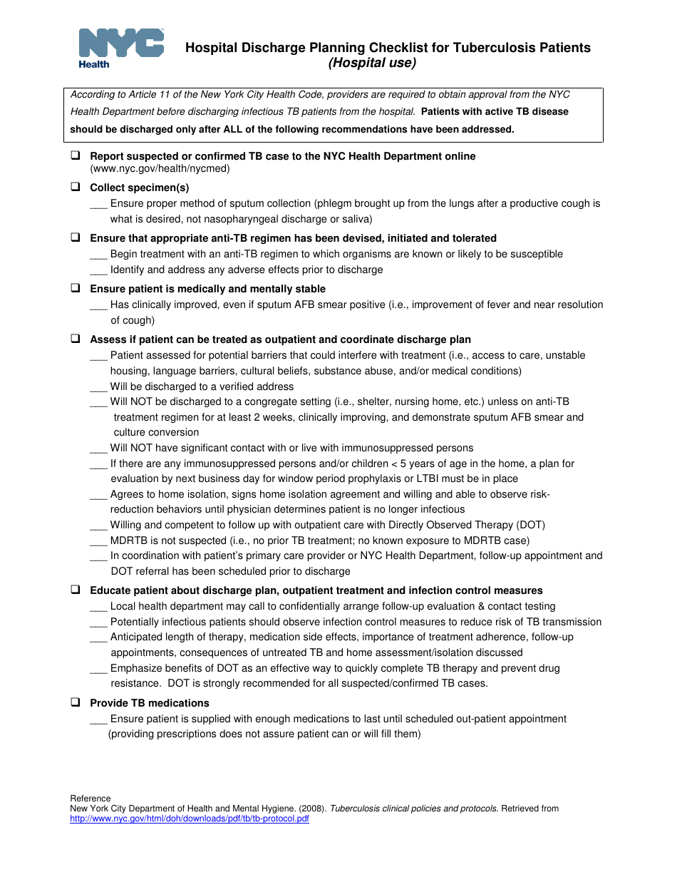 Hospital Discharge Planning Checklist for Tuberculosis Patients (Hospital Use) - New York City, Page 1