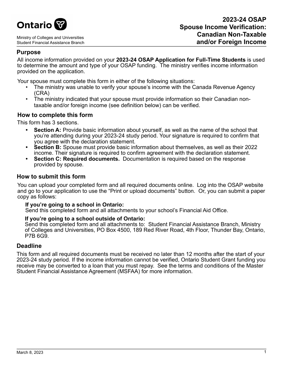 Osap Spouse Income Verification - Canadian Non-taxable and / or Foreign Income - Ontario, Canada, Page 1