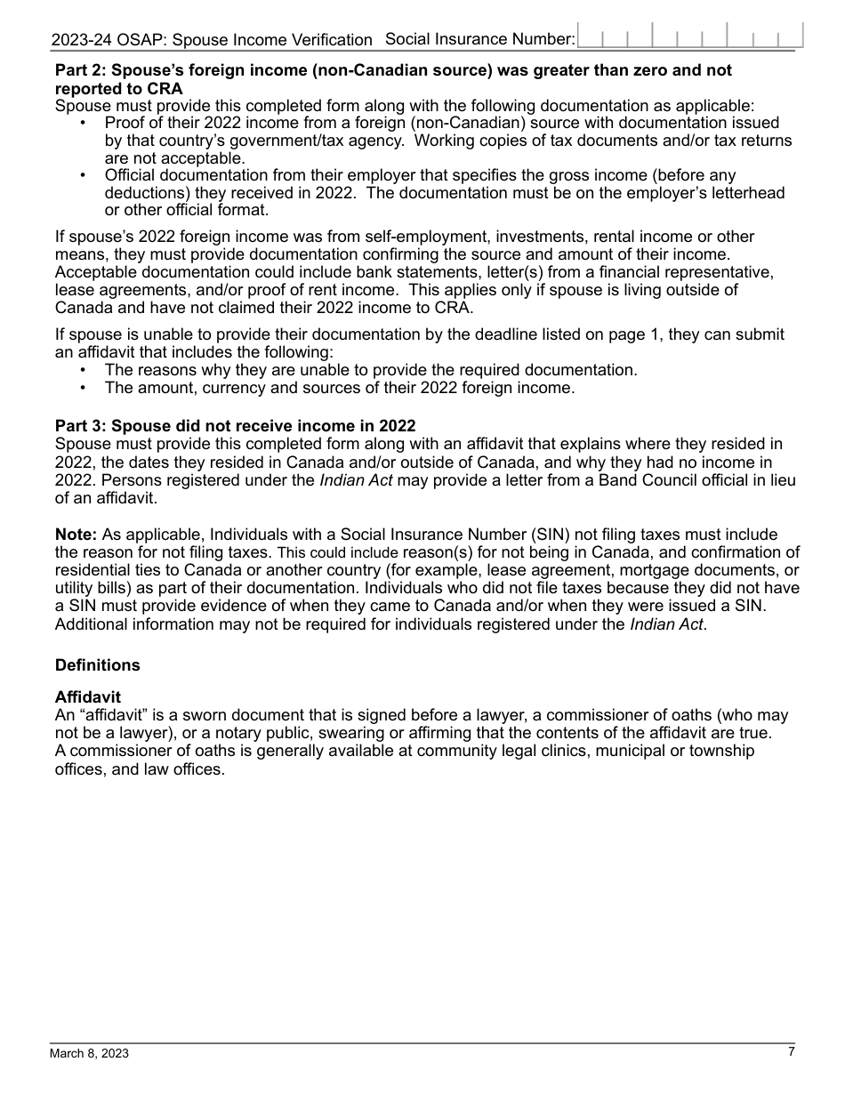 Osap Spouse Income Verification - Canadian Non-taxable and / or Foreign Income - Ontario, Canada, Page 7