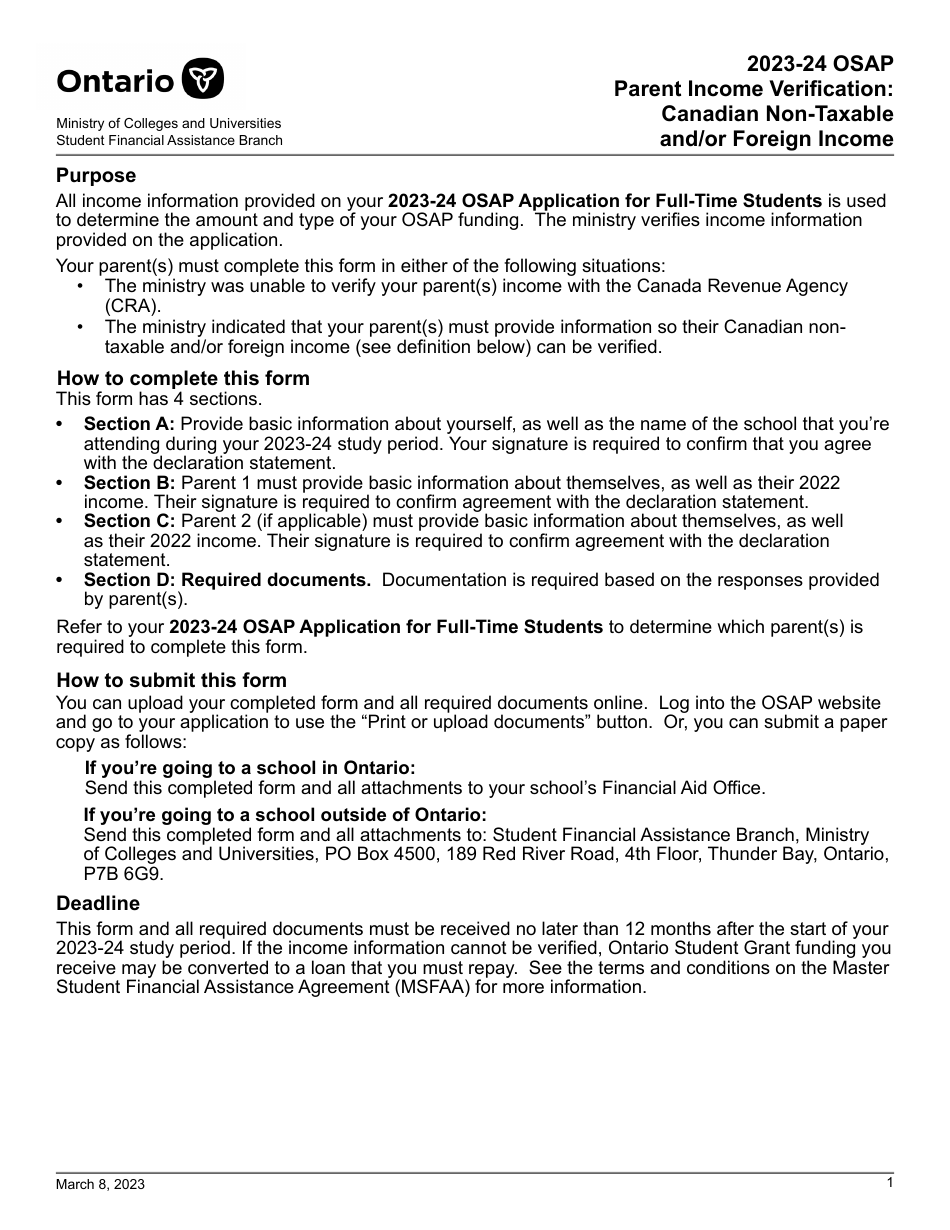 Osap Parent Income Verification - Canadian Non-taxable and / or Foreign Income - Ontario, Canada, Page 1