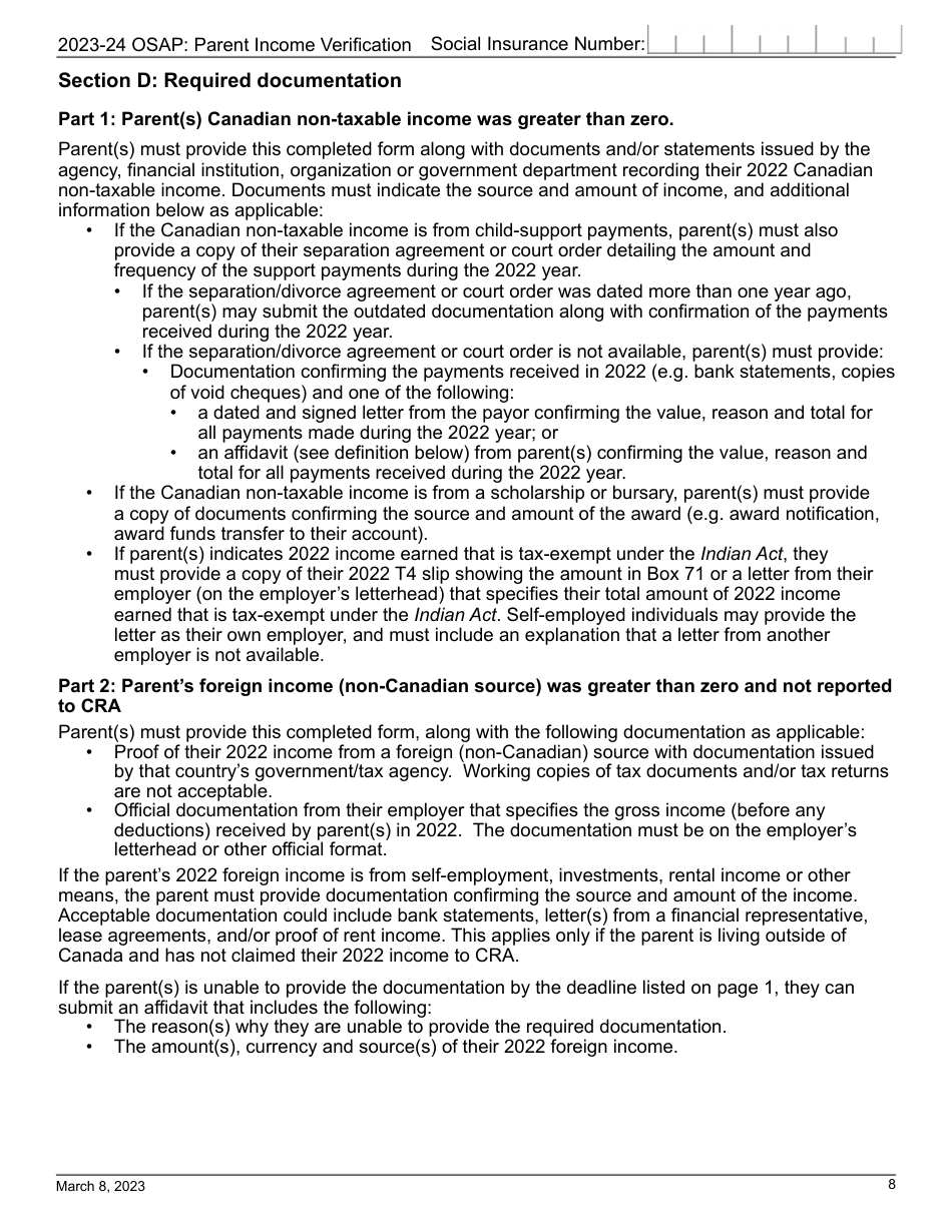 Osap Parent Income Verification - Canadian Non-taxable and / or Foreign Income - Ontario, Canada, Page 8