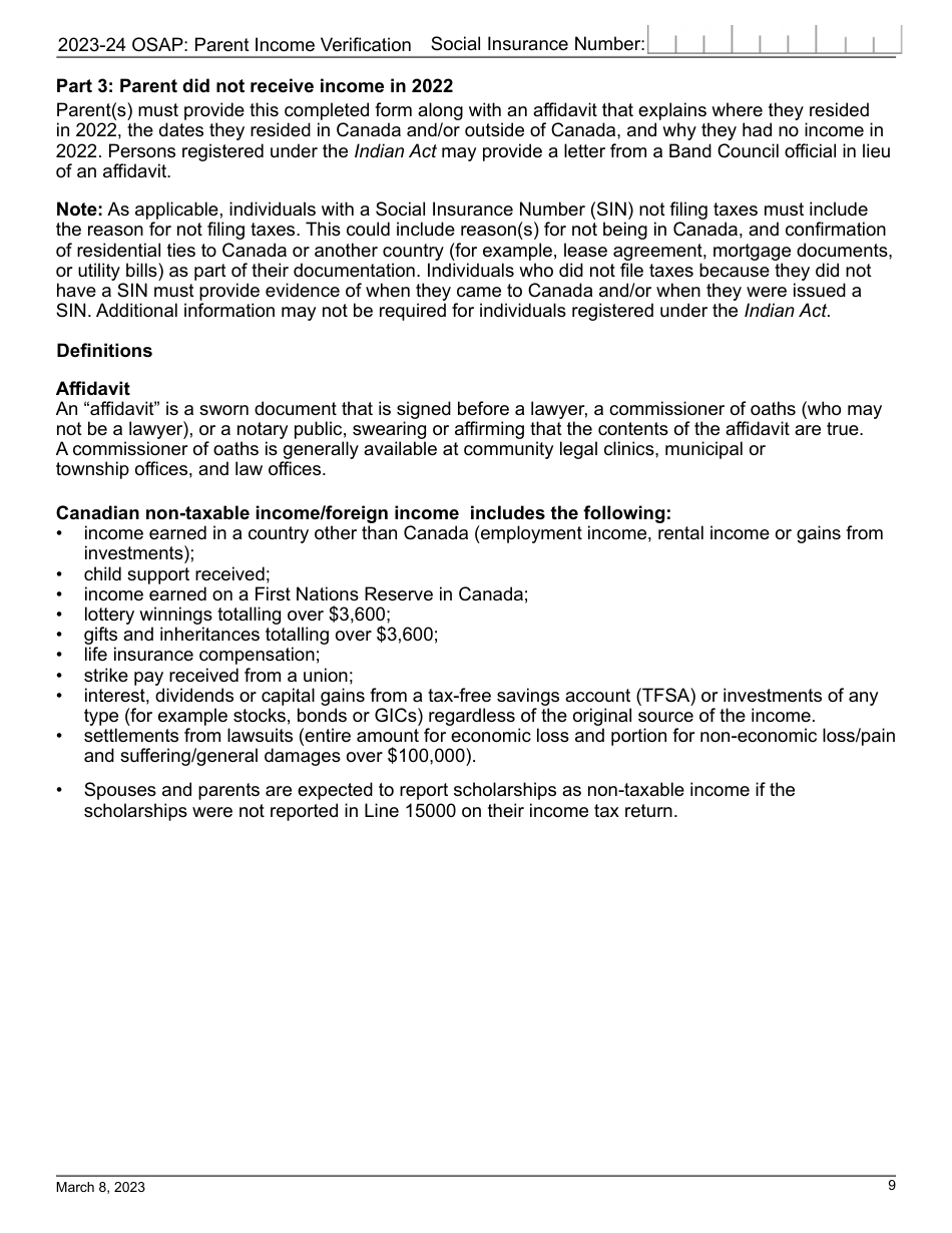 Osap Parent Income Verification - Canadian Non-taxable and / or Foreign Income - Ontario, Canada, Page 9