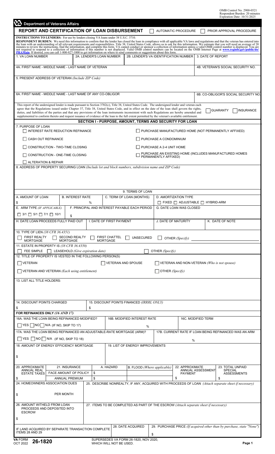 VA Form 26-1820 Report and Certification of Loan Disbursement, Page 1