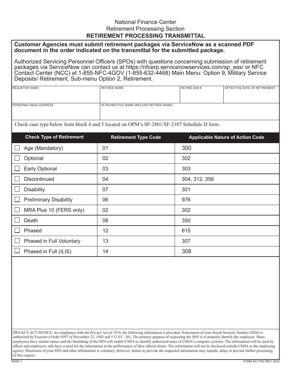 Form AD-1102 Retirement Processing Transmittal, Page 1