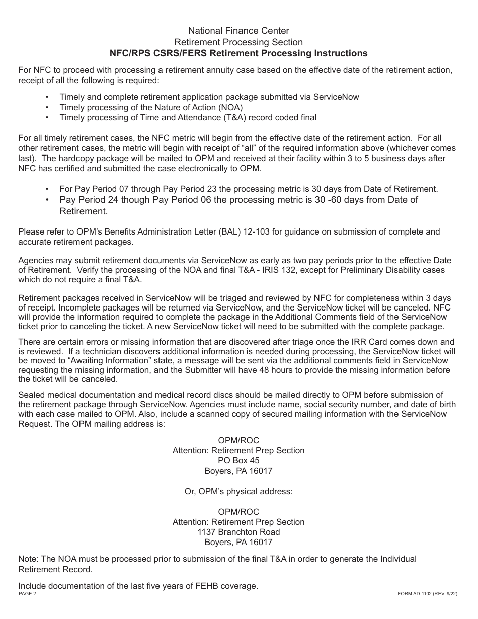 Form AD-1102 Retirement Processing Transmittal, Page 2