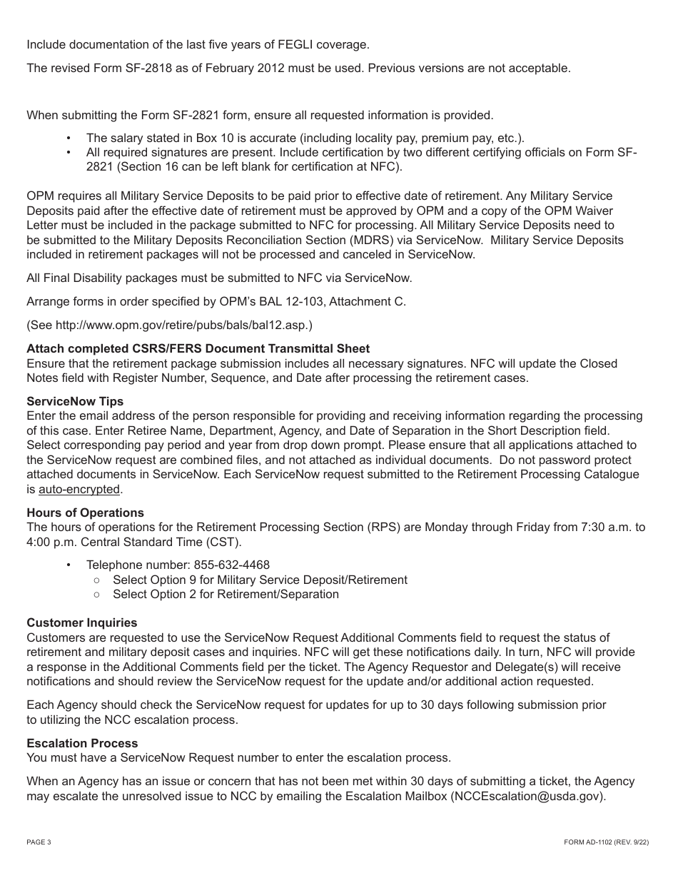 Form AD-1102 Retirement Processing Transmittal, Page 3