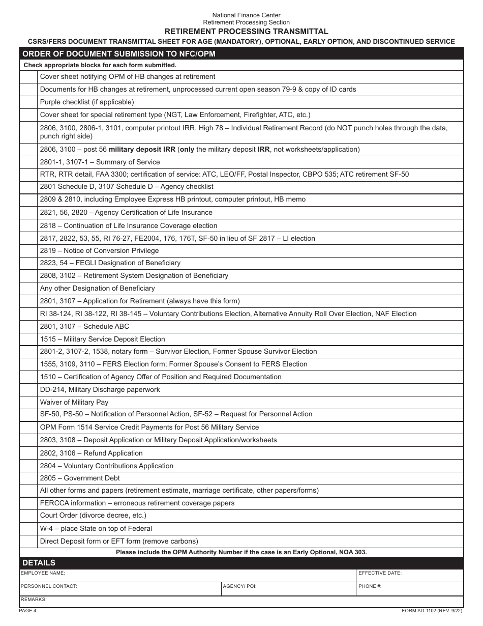 Form AD-1102 Retirement Processing Transmittal, Page 4