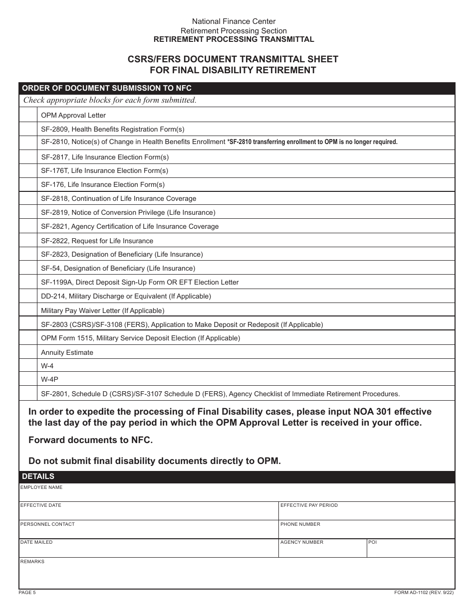 Form AD-1102 Retirement Processing Transmittal, Page 5