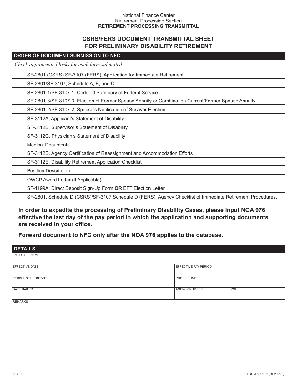 Form AD-1102 Retirement Processing Transmittal, Page 6