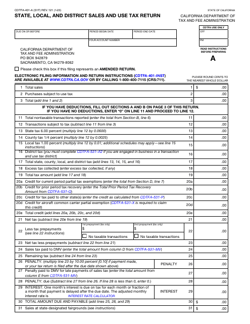 Form CDTFA-401-A State, Local, and District Sales and Use Tax Return - California