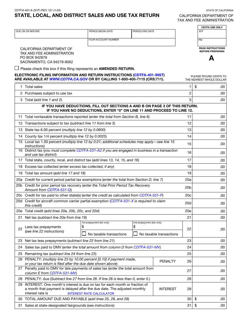 Form CDTFA-401-A State, Local, and District Sales and Use Tax Return - California, Page 1