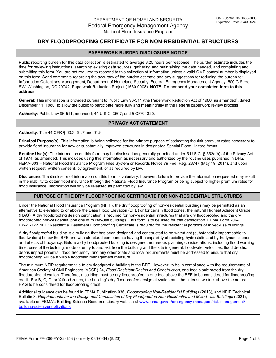 FEMA Form FF-206-FY-22-153 Dry Floodproofing Certificate for Non-residential Structures, Page 1