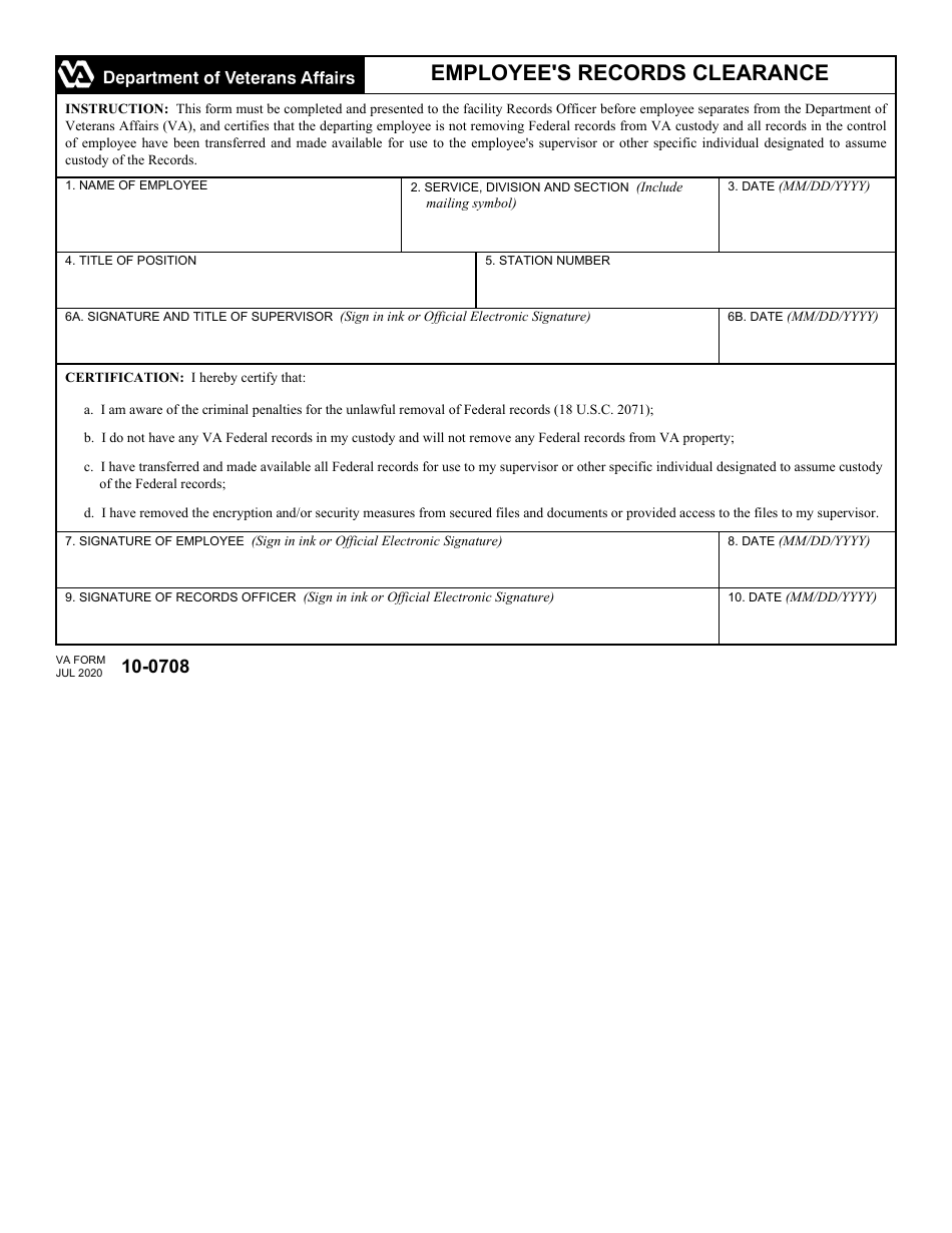 VA Form 10-0708 Employees Records Clearance, Page 1