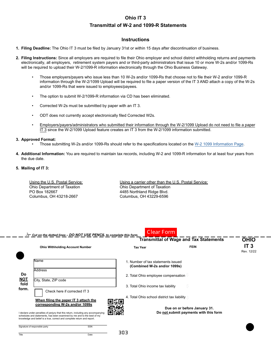 Form IT3 Transmittal of Wage and Tax Statements - Ohio, Page 1