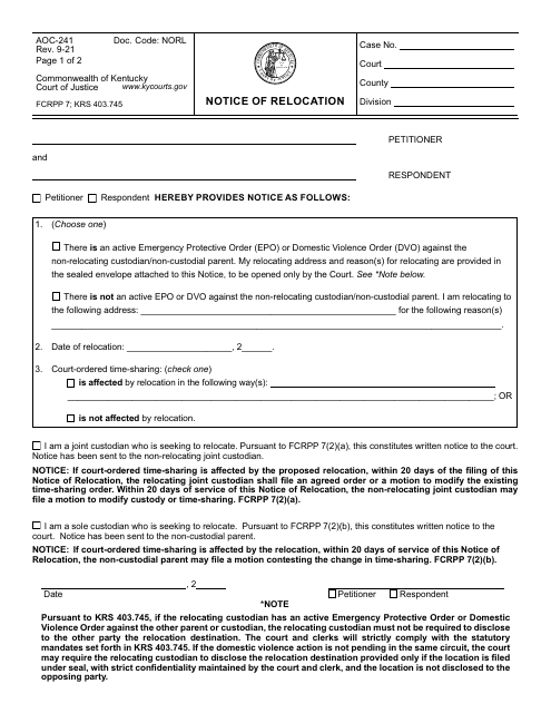 Form AOC-241 Notice of Relocation - Kentucky