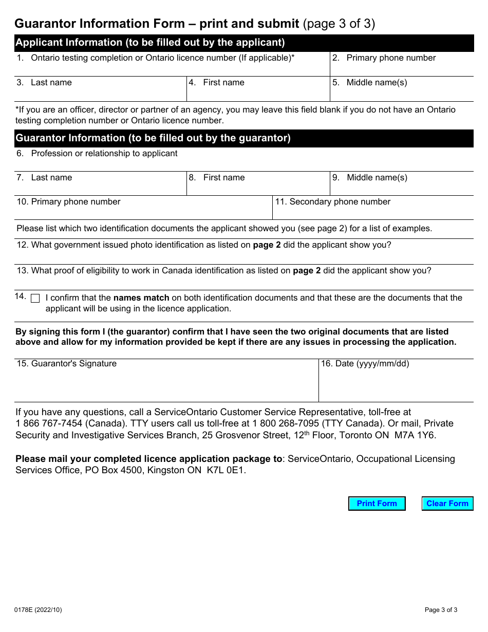 Form 0178E Security Guard and / or Private Investigator Licence: Guarantor Information Form - Ontario, Canada, Page 3