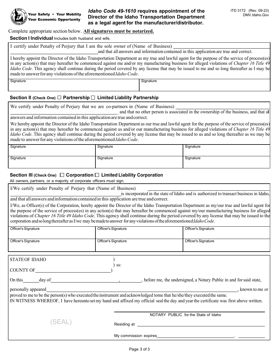 Form ITD3172 Application for Idaho Vehicle or Vessel Manufacturer / Distributor License - Idaho, Page 3