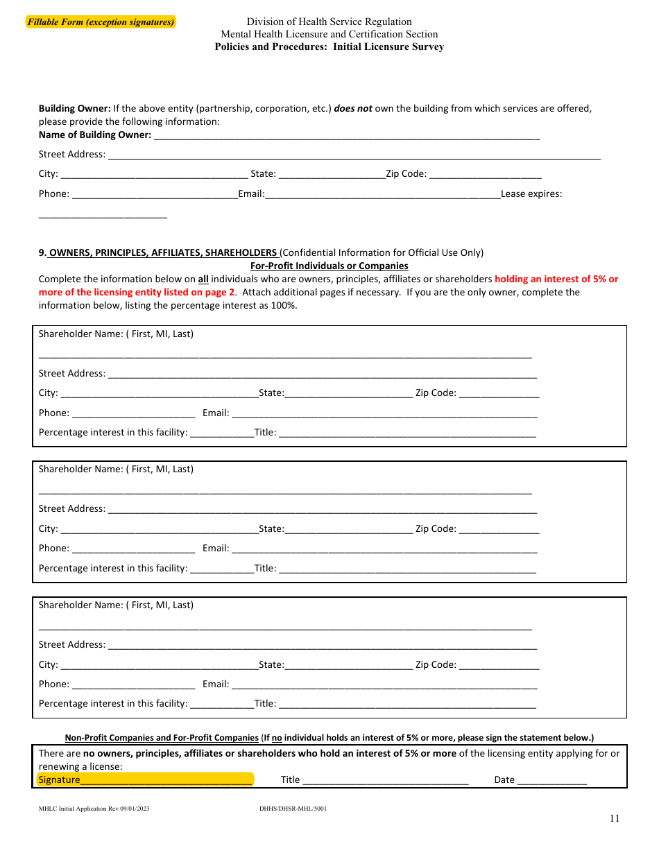 Form DHHS / DHSR / MHL5001 Initial Licensure Application Packet - Mental Health Licensure and Certification Section - North Carolina, Page 11