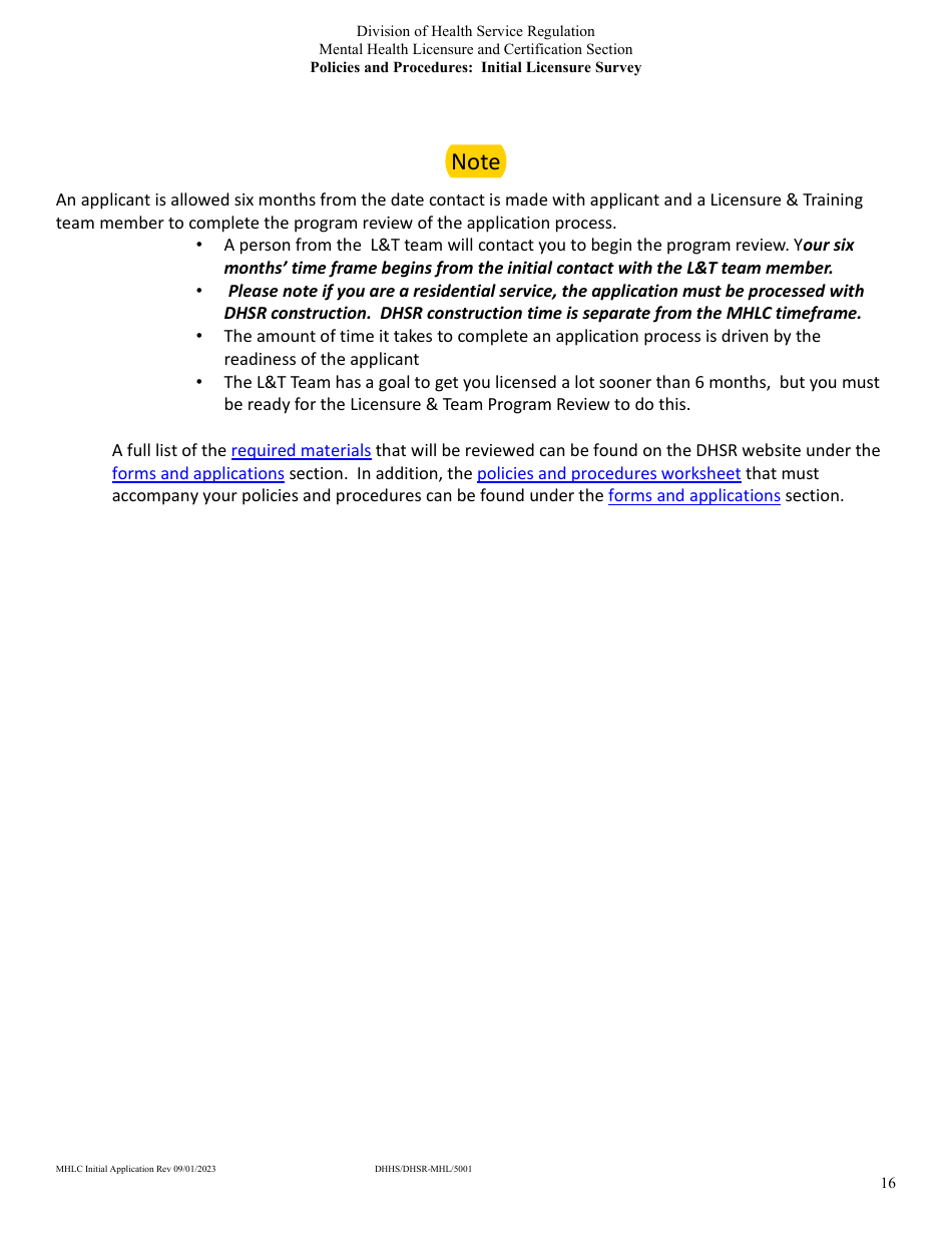 Form DHHS / DHSR / MHL5001 Initial Licensure Application Packet - Mental Health Licensure and Certification Section - North Carolina, Page 16