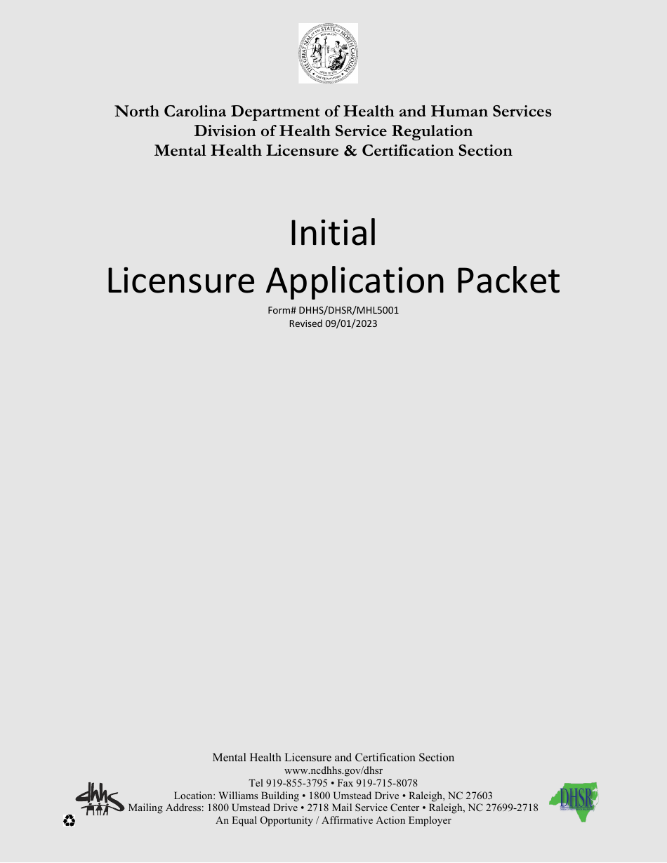 Form DHHS / DHSR / MHL5001 Initial Licensure Application Packet - Mental Health Licensure and Certification Section - North Carolina, Page 1