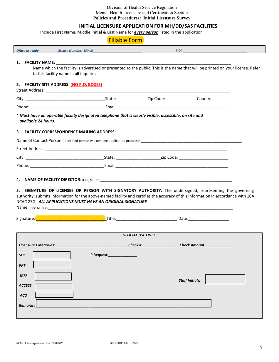 Form DHHS / DHSR / MHL5001 Initial Licensure Application Packet - Mental Health Licensure and Certification Section - North Carolina, Page 9