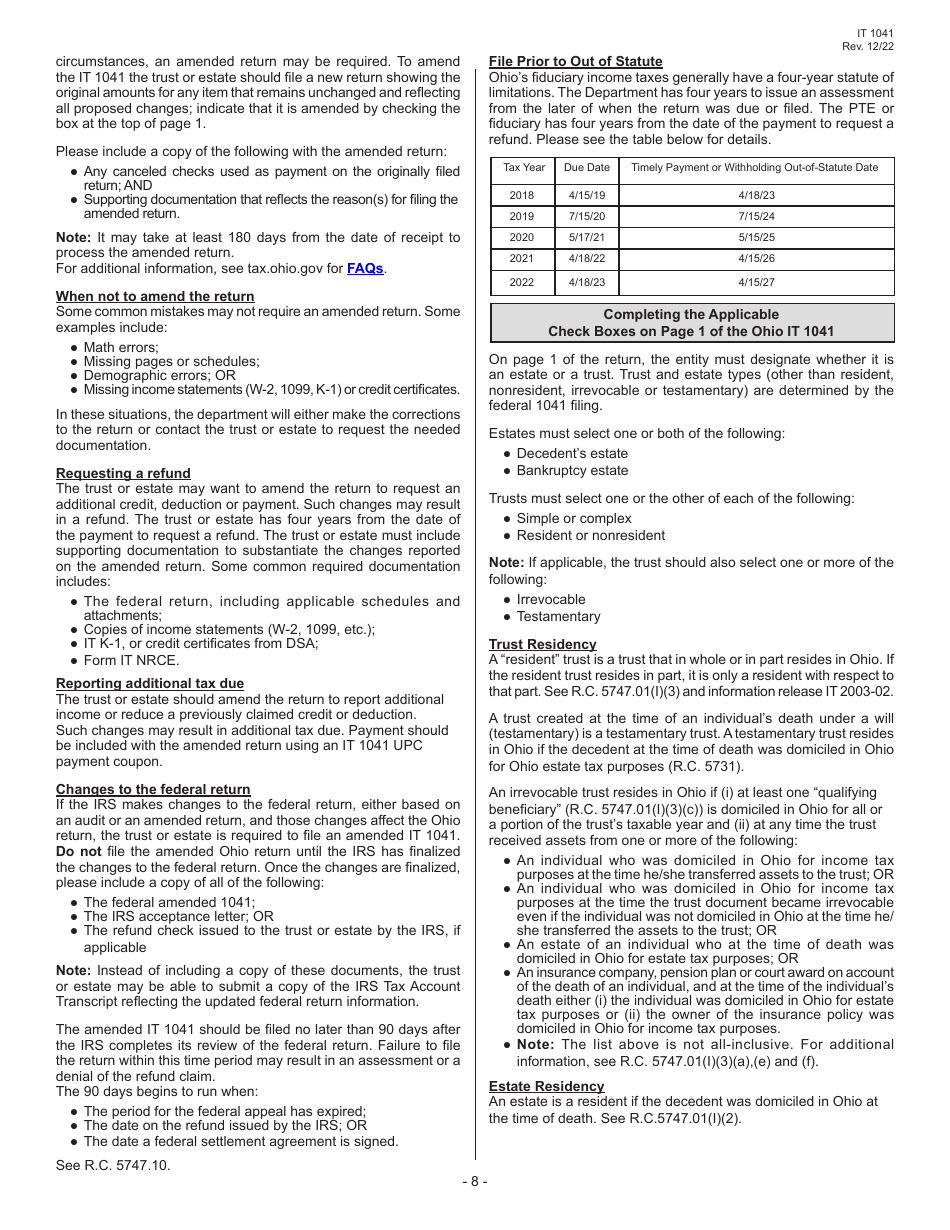 Instructions for Form IT1041 Fiduciary Income Tax Return - Ohio, Page 10