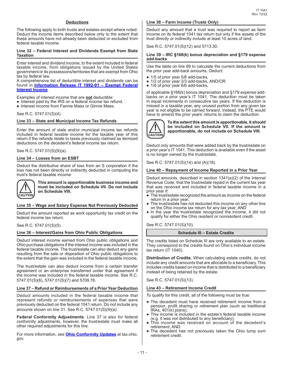 Instructions for Form IT1041 Fiduciary Income Tax Return - Ohio, Page 13