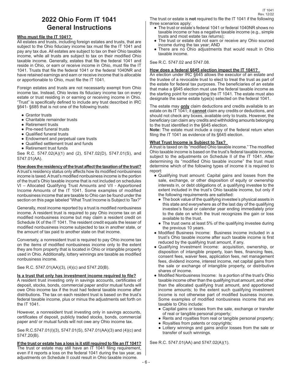 Instructions for Form IT1041 Fiduciary Income Tax Return - Ohio, Page 8
