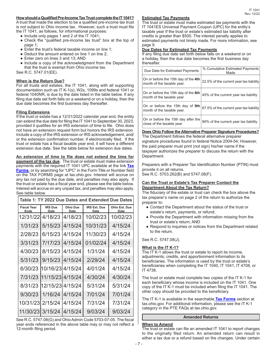 Instructions for Form IT1041 Fiduciary Income Tax Return - Ohio, Page 9