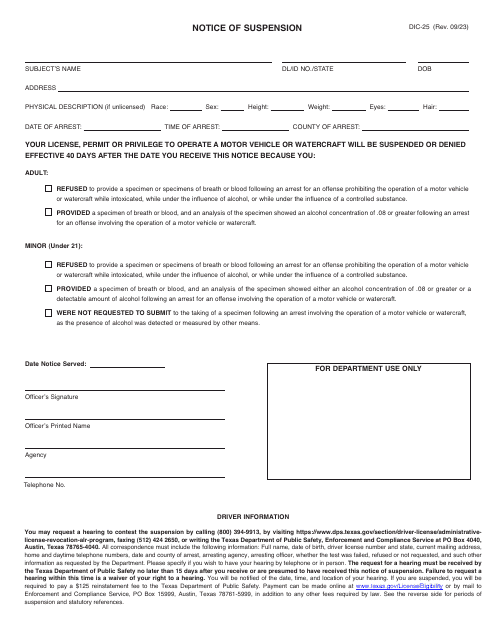 Form DIC-25 Notice of Suspension - Texas