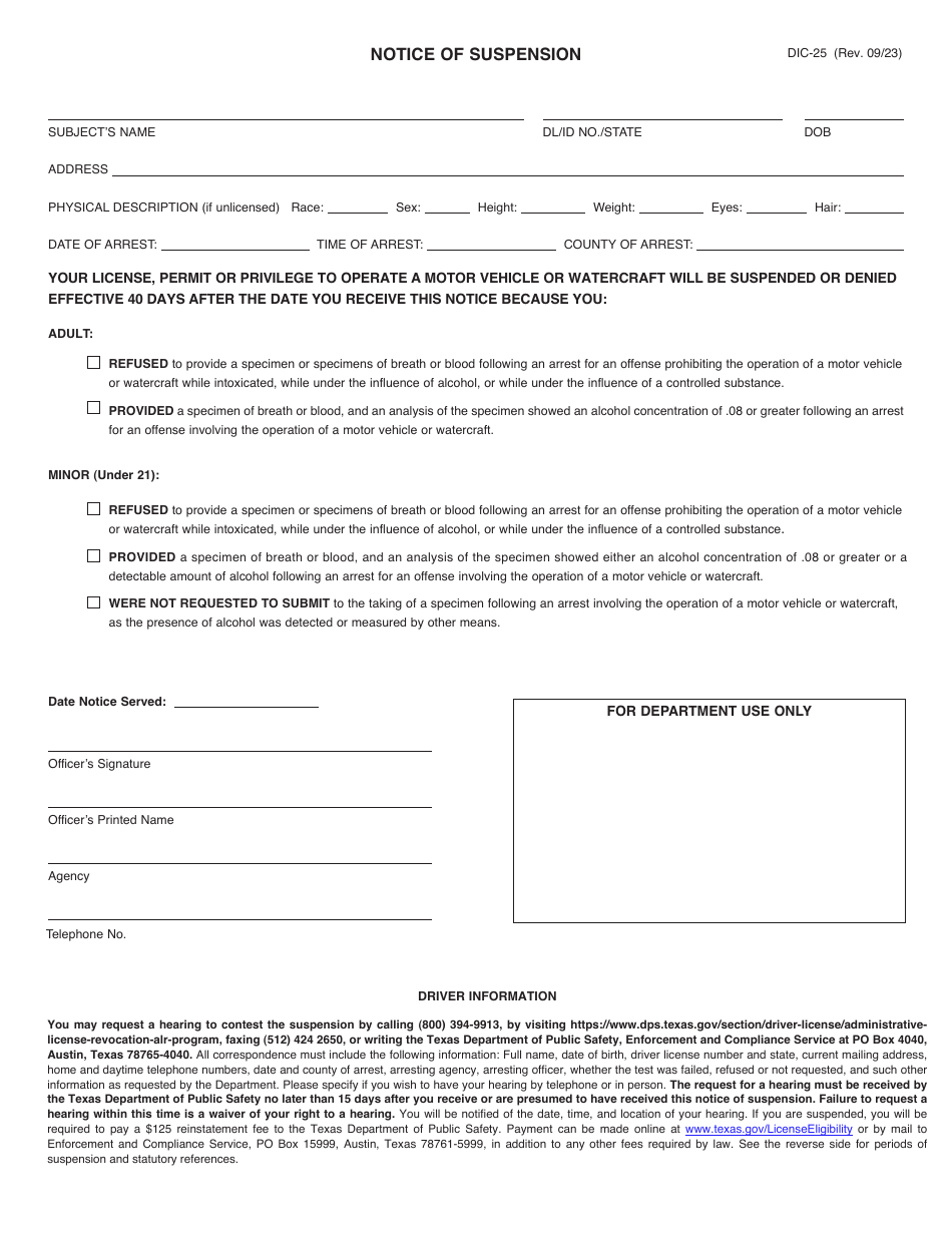 Form DIC-25 Notice of Suspension - Texas, Page 1