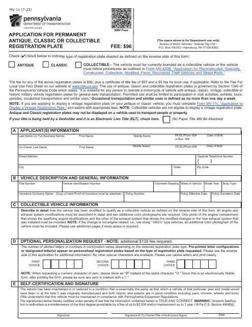 Form MV-11 Application for Permanent Antique, Classic or Collectible Registration Plate - Pennsylvania