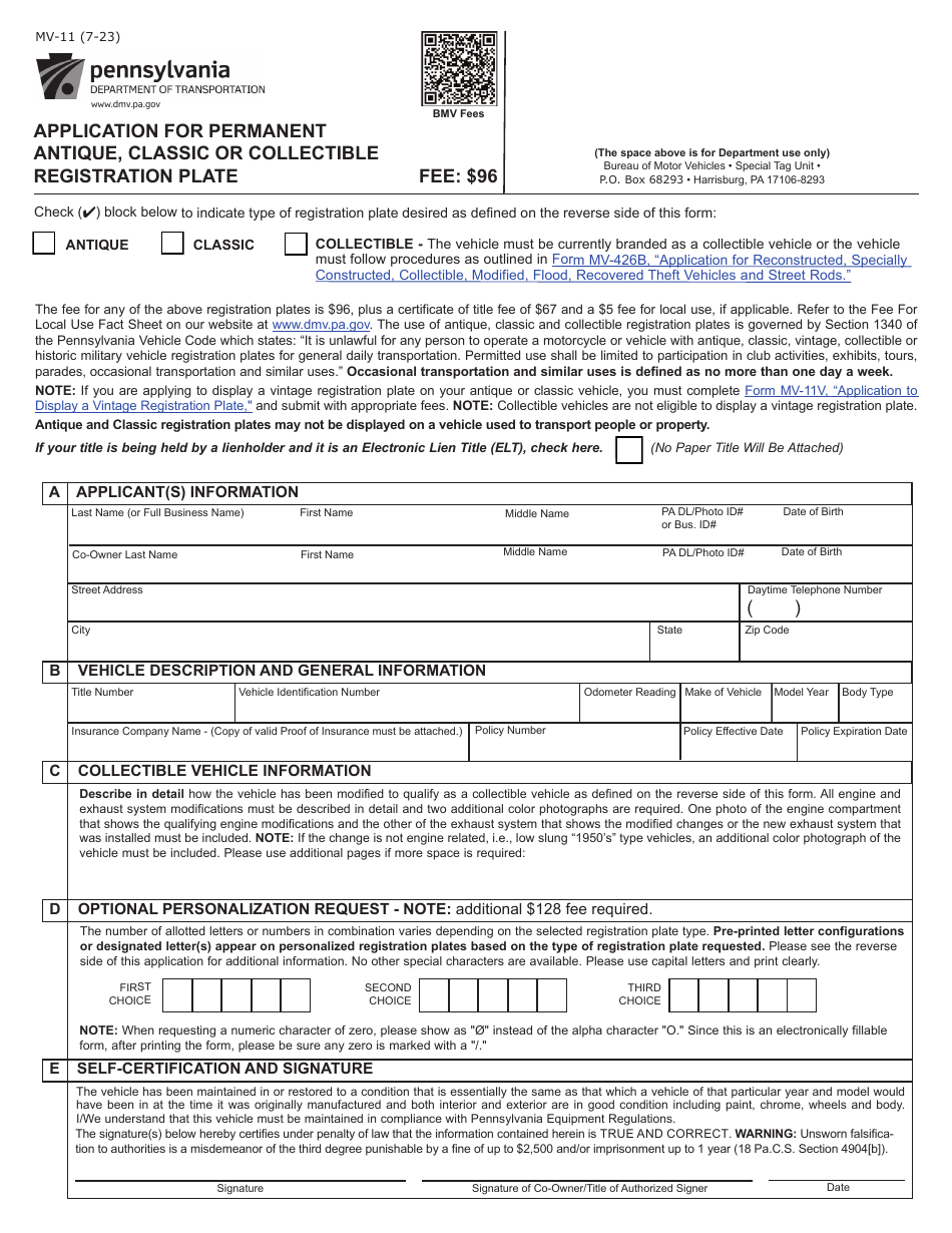 Form MV-11 Application for Permanent Antique, Classic or Collectible Registration Plate - Pennsylvania, Page 1