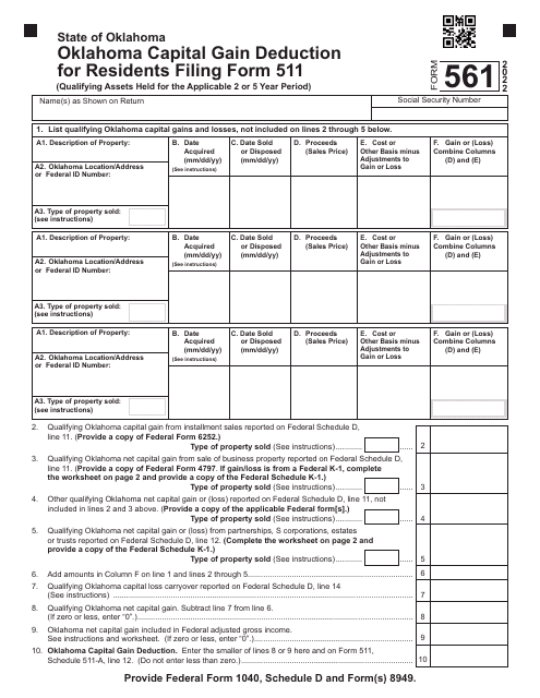 Form 561 Oklahoma Capital Gain Deduction for Residents Filing Form 511 - Oklahoma, 2022