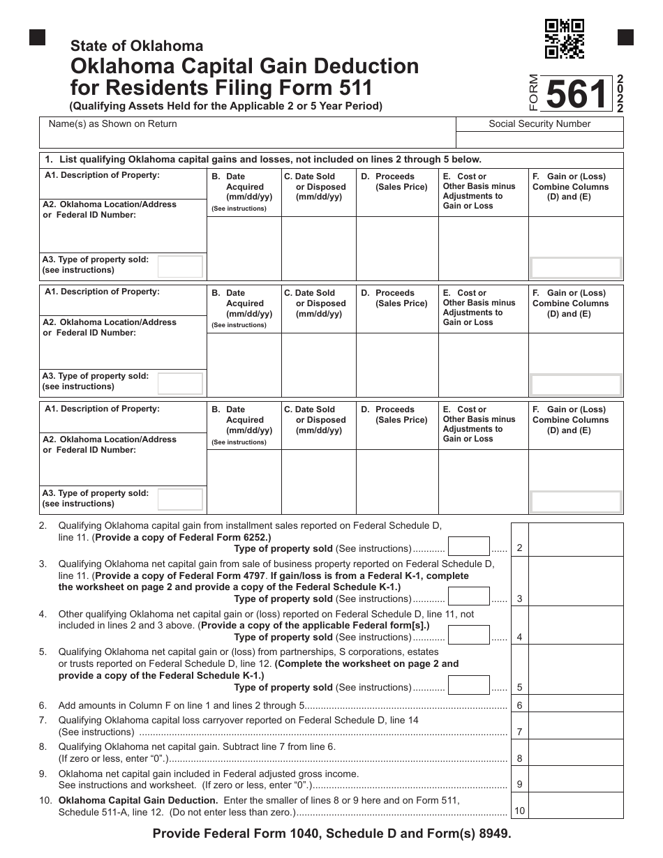 Form 561 Oklahoma Capital Gain Deduction for Residents Filing Form 511 - Oklahoma, Page 1