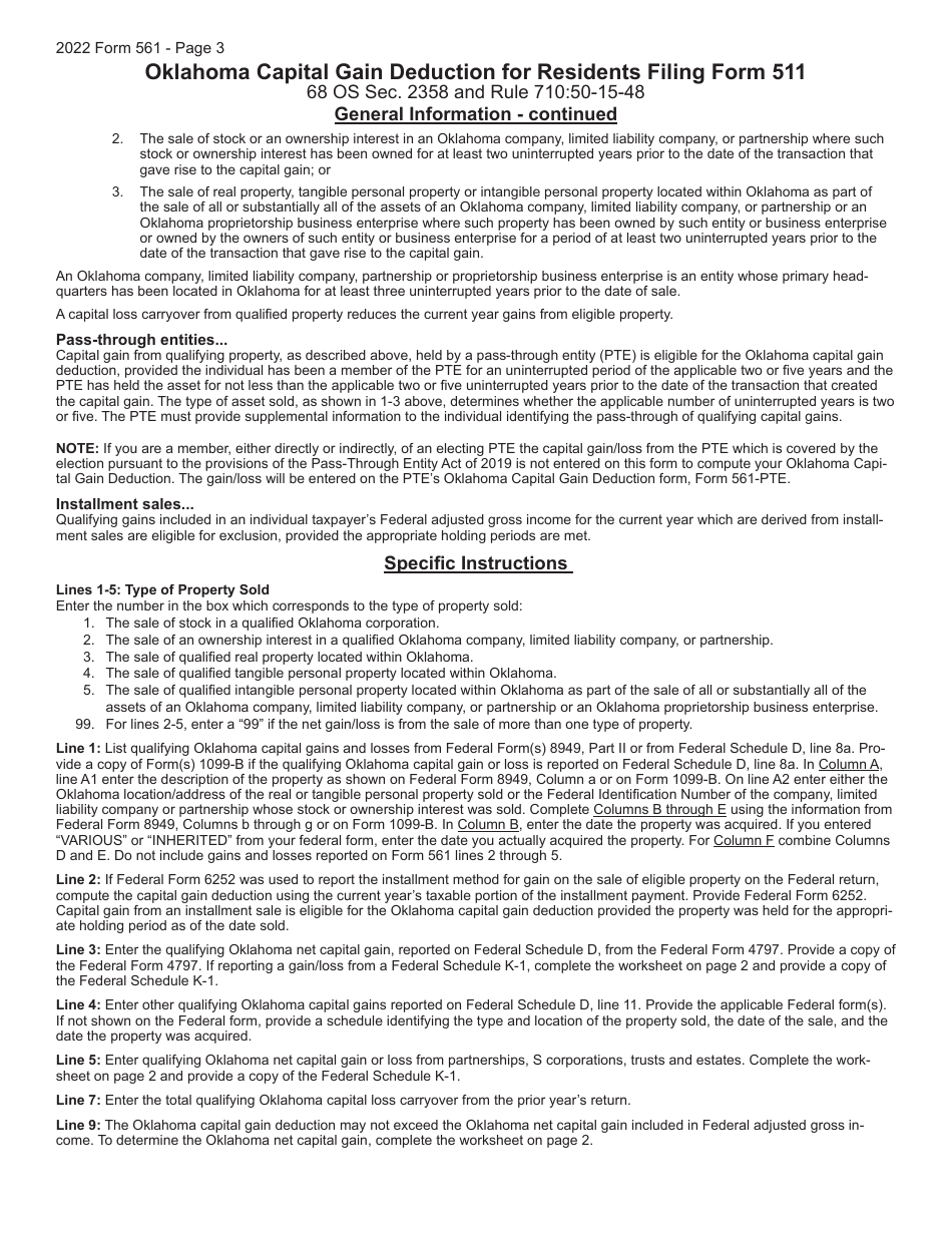 Form 561 Oklahoma Capital Gain Deduction for Residents Filing Form 511 - Oklahoma, Page 3