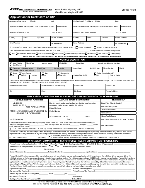 Form VR-005 Application for Certificate of Title - Maryland